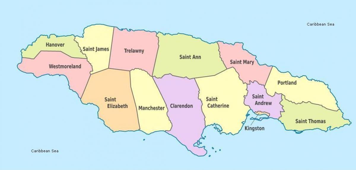 eine Karte von Jamaika mit den Pfarreien und Hauptstädte