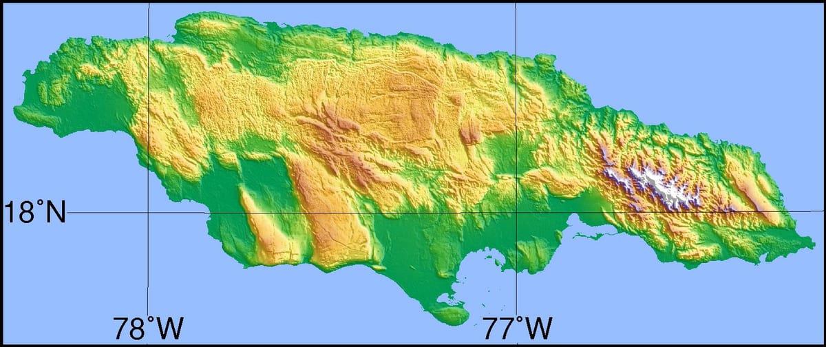 Karte von Jamaika zeigt, Berge, Ebenen und Täler